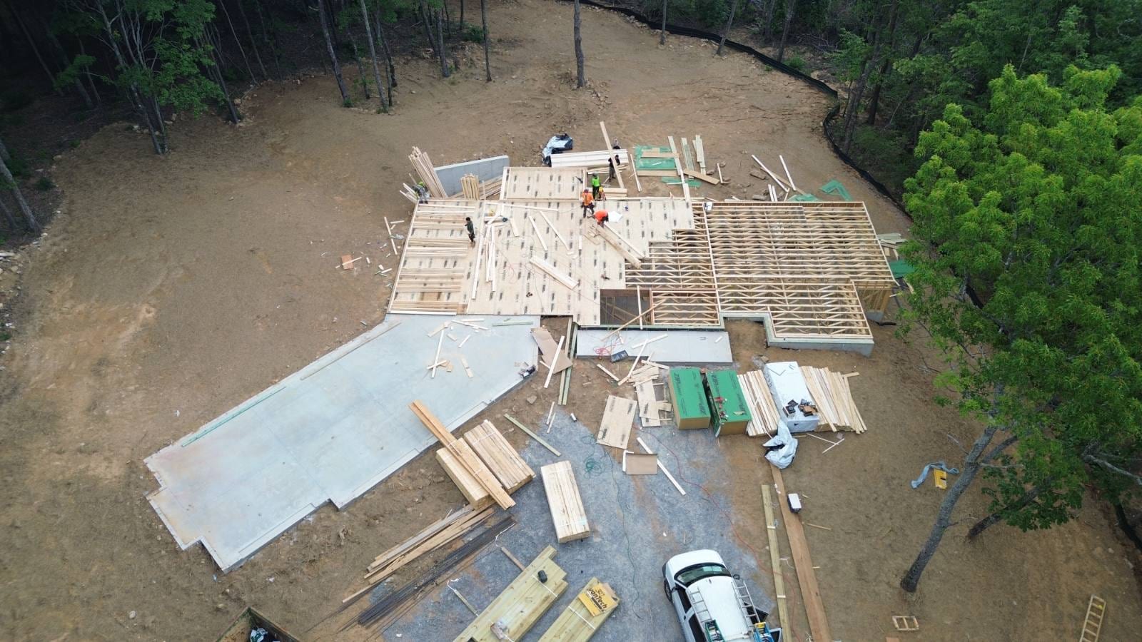 Overhead aerial view of the floor framing going in