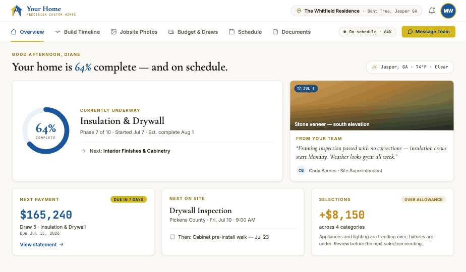 The Your Home portal — a client's live build dashboard showing progress, next payment, and jobsite photos