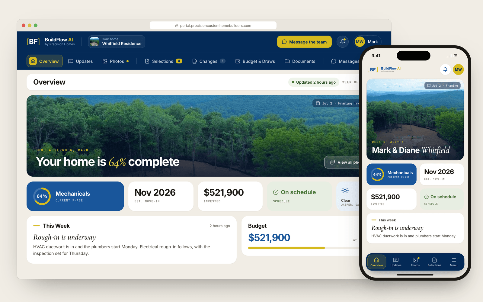 The Your Home portal on a laptop and phone, showing a build 64% complete and on schedule