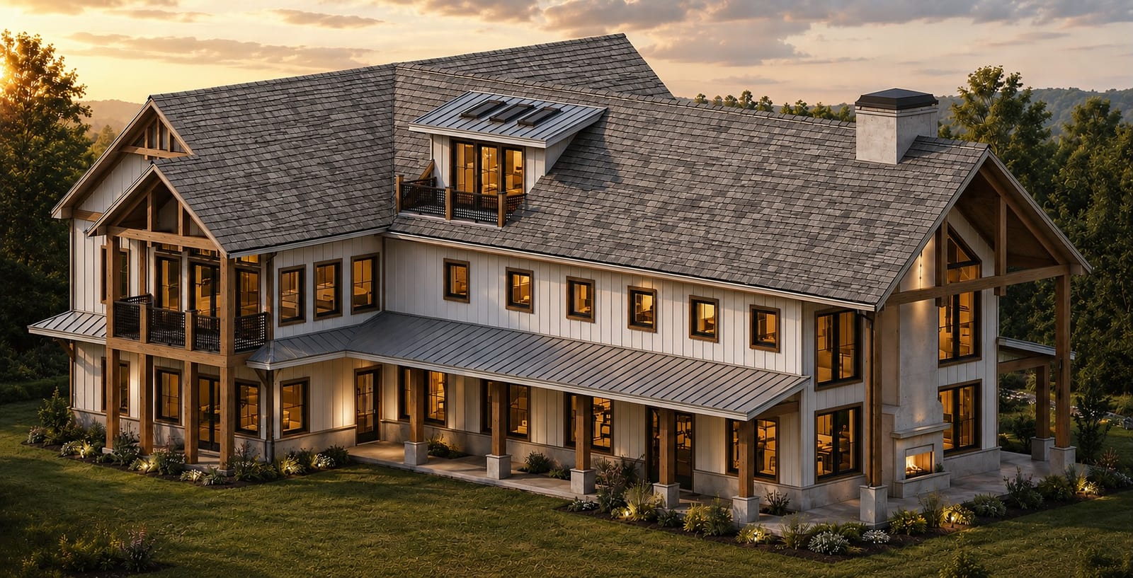 Full photoreal rendering of the same custom home at sunset